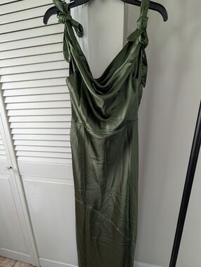 Petal & Pup Olive Green Satin Cowl-Neck Maxi Dress with Tie Straps
